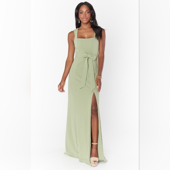 Mumu Paris Dress Formal Maxi Squareneck Side Slit Matching Sash Moss Green NWT - Picture 6 of 11